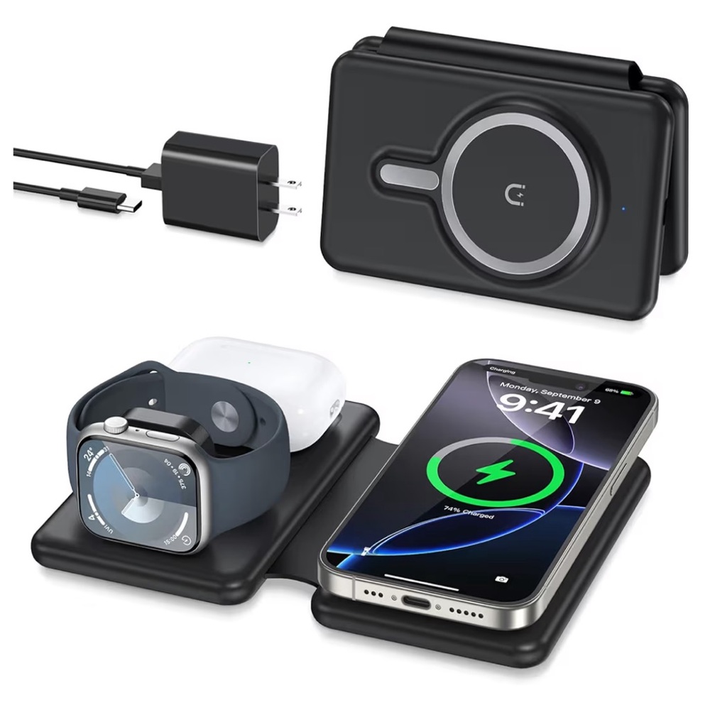 Wireless Charger iPhone 3 in 1 Station, Foldable Magnetic Charging Pad for Apple